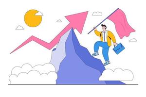 Reaching success, improving or developing a career, business tools to reach goal or target, growth and achievement concepts. Successful businessman climbing up the mountain peak and holding red flag vector