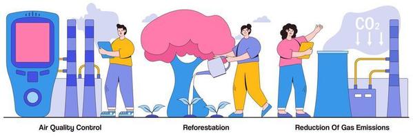 paquete ilustrado de control de calidad del aire, reforestación y reducción de emisiones de gases vector