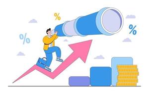 Profit and earnings forecast, future growth or career development vision, business opportunity or investment, and market prediction concepts. Businessman climb up rising arrow holding large telescope
