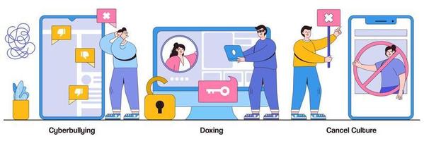 Cyberbullying and doxing, cancel culture concept with people character. Internet harassment vector illustration set. Private content, celebrity shaming, hacker attack, social media boycott metaphor