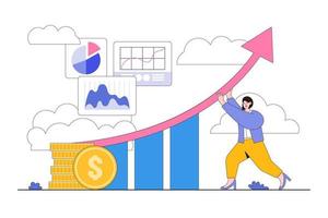 Work improvement, career growth, or performance in order to gain success, progress, or challenge concepts. Businesswoman changes direction of the arrow on performance improvement bar graph vector