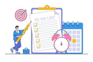 Self discipline, professionalism, meeting deadlines, time management, and productivity to reach target concepts. Businessman writing to do list plan on the clipboard with alarm clock and calendar vector