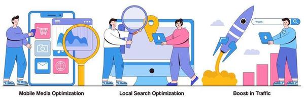 Mobile media optimization, local search, boost in traffic concept with tiny people. SEO strategy vector illustration set. Search engine targeting, business digital promotion, visitor growth metaphor