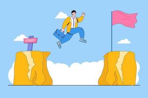 Business challenge, courage, bravery, risk, effort to achieve success, overcome difficulty, skill to solve problem concepts. Ambitious businessman jumping over obstacle over abyss for development vector