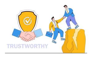 Trustworthy or integrity for partnership, support and reliable to work together, honesty or trust to help success team concepts. Businessman hold hand tight with trusted partner in mountain cliff vector