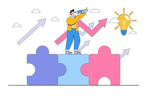 Finding solution to finish or complete a task, leadership mission, or business challenge concepts. Businessman standing on unfinished jigsaw puzzle, with binoculars searching for a missing piece vector