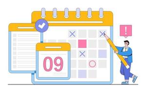 horario organizado, control de procesos de trabajo ordenado, regular hábitos para mejorar conceptos de productividad y eficiencia. empresario planificado gestionar y marcar la fecha límite en el calendario con lápiz vector