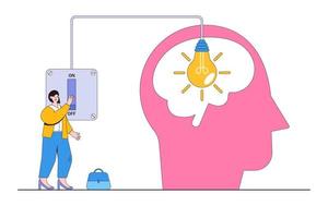 Idea, innovation and creativity help boost productivity, motivation to reach success goal, career development, business growth concepts. Confident businesswoman switching on a lightbulb in the head vector