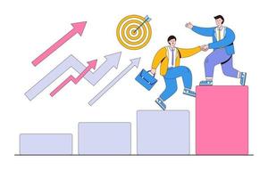 Teamwork to achieve goal, leadership to construct team that is walking up rising growth arrow, and career development concepts. Businessman leader helps partner to rise to top red bar graph vector