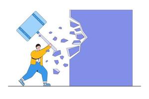 Break free, quit exhausted day job to start a new business, escape for freedom, resign from toxic workplace, or consider retirement concepts. Businessman holding a hammer breakthrough the wall vector