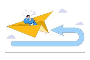 Business turning point, financial trend change, and break event concepts. Frustrated businessman investor fly using paper airplane at his reverse direction pathway with direction arrow backward vector