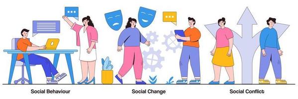 Social behaviour, change and conflict concept with tiny people. People interaction and communication abstract vector illustration set. Arguments, norms in society, personality influence metaphor