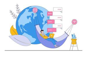 Remote job or distance work, virtual or online office, working from anywhere, freelancers, oversea employee concepts. Businessman sitting on hammock with laptop computer and world globe behind vector