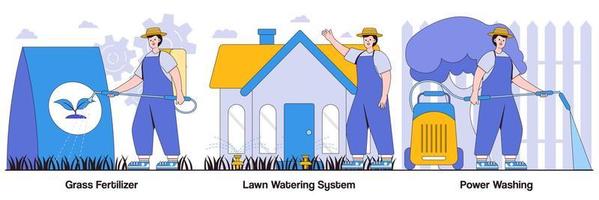 Grass Fertilizer, Lawn Watering System, Power Washing with People Characters Illustrations Pack vector