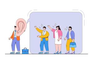 Good listener boss listens and accepts any opinions, suggestions, or customer feedback concepts illustrations. A wise businessman with big ear is making an effort to listen to all colleagues advice vector