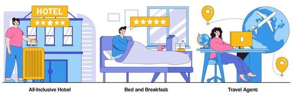 hotel todo incluido, cama y desayuno, paquete ilustrado de agente de viajes vector