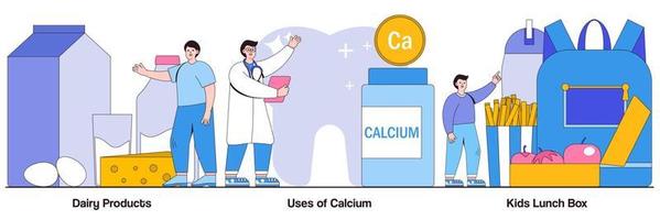 productos lácteos, usos del calcio, concepto de lonchera para niños con carácter de personas. conjunto de ilustraciones vectoriales de nutrición saludable. refrigerio saludable, procesamiento de alimentos, huesos y dientes fuertes, metáfora del cuidado de los padres vector