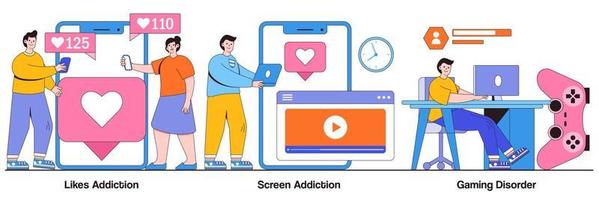 Likes addiction, screen addiction, gaming disorder concept with people character. Technology addiction abstract vector illustration set. Lack of live communication, psychological problems metaphor