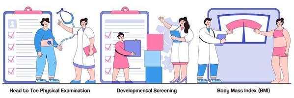 Head to toe physical examination, developmental screening, body mass index concept with people character. Health check up vector illustration set. Health issue diagnostics, weight loss program