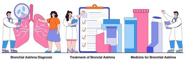 Bronchial asthma diagnosis, treatment and medicine concept with tiny people. Respiratory illness vector illustration set. Shortness of breath, breathing attack, allergy cough, healthcare metaphor