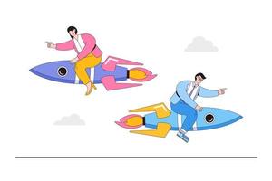 Different individual way, corporate or team goals conflict, decision disagreement, contrast in work project concepts. Businessman and businesswoman sit on rocket and flying with opposite direction vector