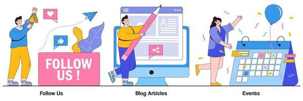 Follow us, blog articles, events concept with tiny people. Corporate website links vector illustration set. Social media, subscribe for newsletter, publications, company page, notification metaphor