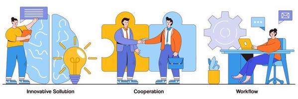 Innovative solution, cooperation, workflow concept with tiny people. Effective work abstract vector illustration set. Creative ideas generation, team building, productivity management metaphor