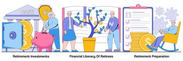 Retirement Investments, Financial Literacy of Retirees, and Retirement Preparation Illustrated Pack vector
