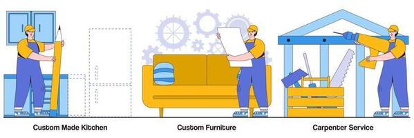 Custom Made Kitchens, Custom Furniture, Carpenter Services with People Characters Illustrations Pack vector