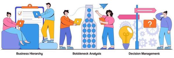 jerarquía empresarial, análisis de cuellos de botella, concepto de gestión de decisiones con personas diminutas. conjunto de ilustración de vector de sistema de gestión. mejora del flujo de trabajo, software de análisis empresarial, metáfora de la herramienta informática