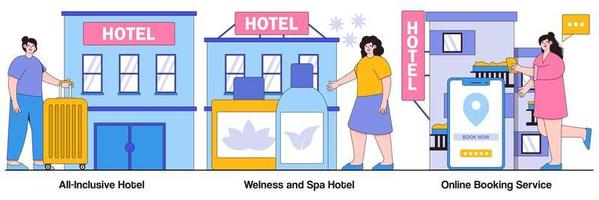 hotel todo incluido, hotel de bienestar y spa, paquete ilustrado de servicios de reserva en línea vector