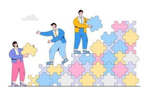 Collaboration or cooperation business, teamwork to solve problem and partnership to achieve success concepts. Businesspeople working together to create ladder using puzzle pieces to reach target vector