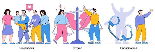 Descendant, divorce, emancipation concept with people character. Wife and husband break up vector illustration set. Marriage annulment, social rights, gender equality, society issues metaphor