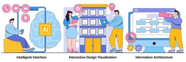 interfaz inteligente, visualización de diseño interactivo, arquitectura de información con paquete de ilustraciones de personajes de personas vector