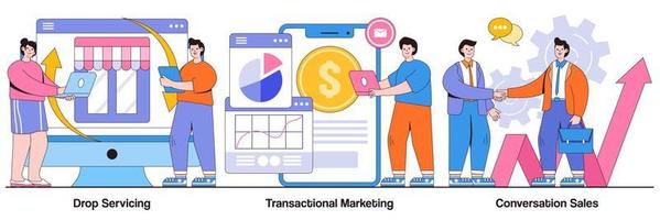 Drop Servicing, Transactional Marketing, Conversation Sales with People Characters Illustrations Pack vector