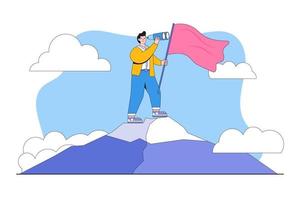 Success fearless female entrepreneur, woman leadership or challenge and achievement concepts. Businesswoman on top mountain holds a winning flag and binoculars, looking for a future visionary vector