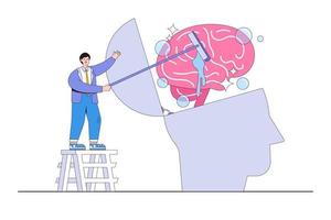 despeja tu mente para recuperar el enfoque, aumentar tu capacidad de pensamiento creativo y ampliar tus ilustraciones de conceptos de memoria. hombre de negocios ambicioso lava y limpia el cerebro en su cabeza grande, lavado de cerebro vector