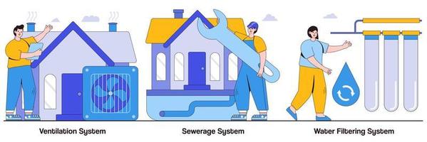 Ventilation, Sewerage and Water Filtering System with People Characters Illustrations Pack vector