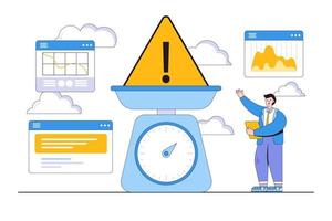 Risk assessment, analysis potential danger levels, calculate amount money loss acceptable for investment, control or limit loss concepts. Businessman investor measure hazard sign with scale weight vector