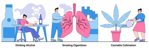 beber alcohol, fumar cigarrillos y cultivar cannabis paquete ilustrado vector