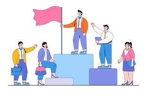 Leadership to guide team members, business direction to reach goal or target, and teamwork to success at work concepts. Businessman leader holds a winner flag and leads a group of businesspeople vector