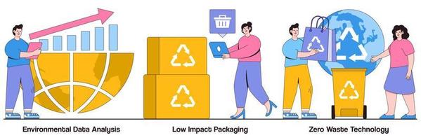 Environmental data analytics, low impact packaging, zero waste technology concept with people character. Reuse reduce recycling vector illustration set. Eco friendly, plastic free container metaphor