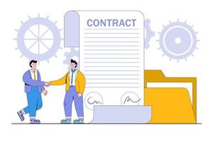 Executive handshaking, business transaction, agreement or partnership document, success negotiation concepts. Two businessmen shaking hands after signing and understanding legal contract papers