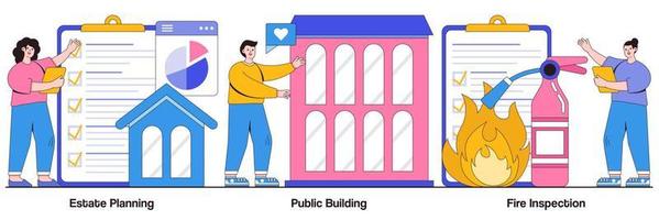Estate planning, public building, fire inspection concept with tiny people. Building maintenance vector illustration set. Modern design, attorney advise, certification and requirements metaphor