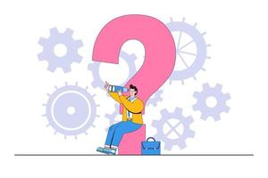 Curiosity exploring the unknown, looking for a solution, and aiming for success concepts illustrations. Businessman sit on big question mark explore for new business opportunities using binoculars vector