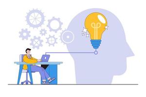 Solution for entrepreneur, creative idea to solve work problem, success discovering new innovation concepts illustrations. Smart businessman or employee sit at desk work on computer generate ideas vector