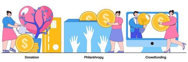 Donation, philanthropy, crowdfunding concept with tiny people. Fundraising abstract vector illustration set. Crowdsourcing, raise money in internet, financial support and charity project metaphor