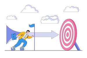 enfoque y disposición para iniciar negocios, comenzar un nuevo trabajo o prepararse para ilustraciones de conceptos de trabajo. el hombre de negocios obtiene una carrera de velocidad en la posición de inicio con la flecha que va a la meta y al objetivo vector