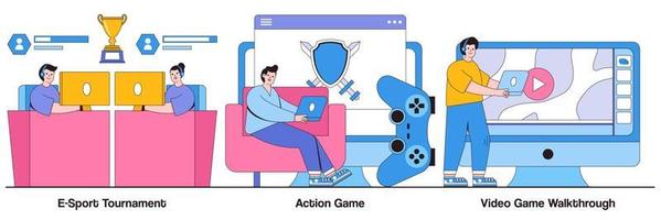 E-Sport Tournament, Action Game, Video Game Walkthrough with People Characters Illustrations Pack vector