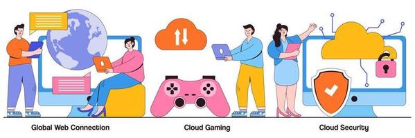 Global web connection, cloud gaming and security concept with tiny people. Cyber security engineering vector illustration set. Network communication, internet, video streaming online metaphor